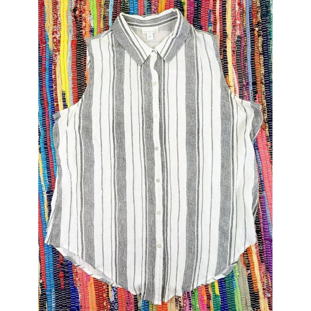 Westport 1962 Womens Sleeveless Button Up Blouse White Gray Striped Rayon EUC - Picture 7 of 9